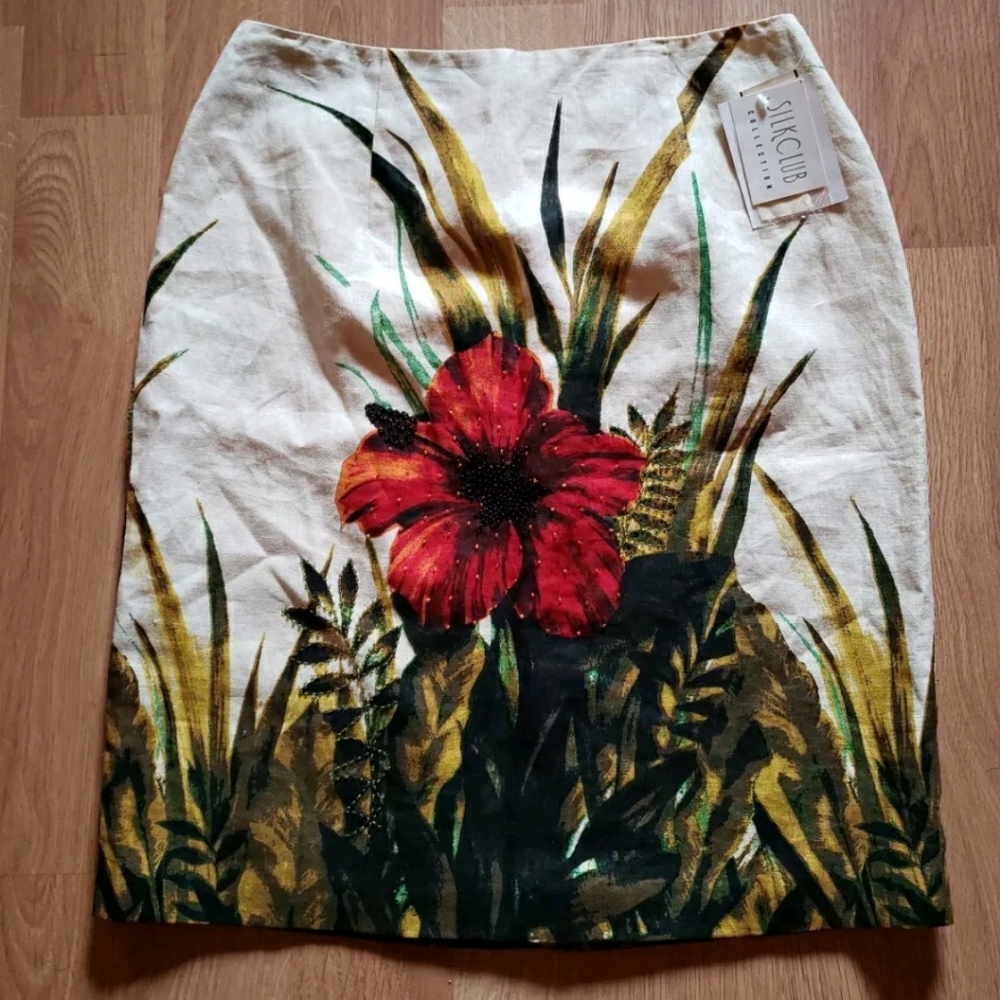 Silk Club Skirt Women's 12 Ivory Red Floral Beaded Silk Lined Straight Zip